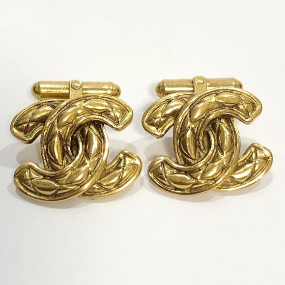 CHANEL CC Logos Quilted Vintage Cufflinks Cuff Links Gold Tone Auth ＃85212 - Picture 1 of 8
